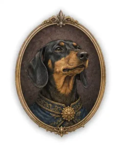 Dachshund vintage heraldic dog portrait badge with brave self-important expression and ornate frame