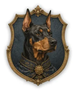 Doberman heraldic portrait badge in vintage FANTUCCI style with ornate frame and noble alert expression