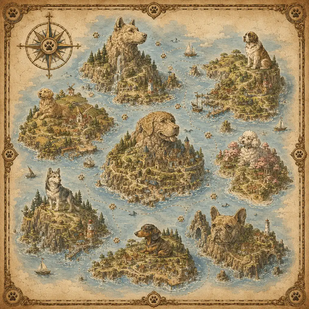 Vintage fantasy map of a dog archipelago with dog-themed islands, paw routes, tiny ships, villages, and an antique compass.