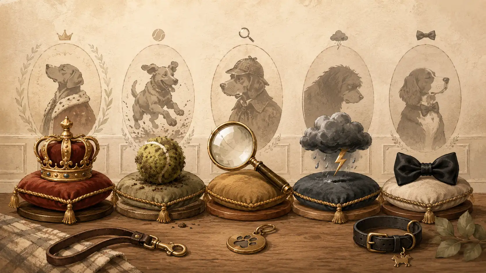 Vintage dog personality chart illustration with symbolic objects including a crown, muddy tennis ball, magnifying glass, thundercloud, and bow tie.