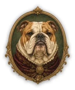 English Bulldog heraldic portrait badge in vintage FANTUCCI style with ornate frame and dignified expression