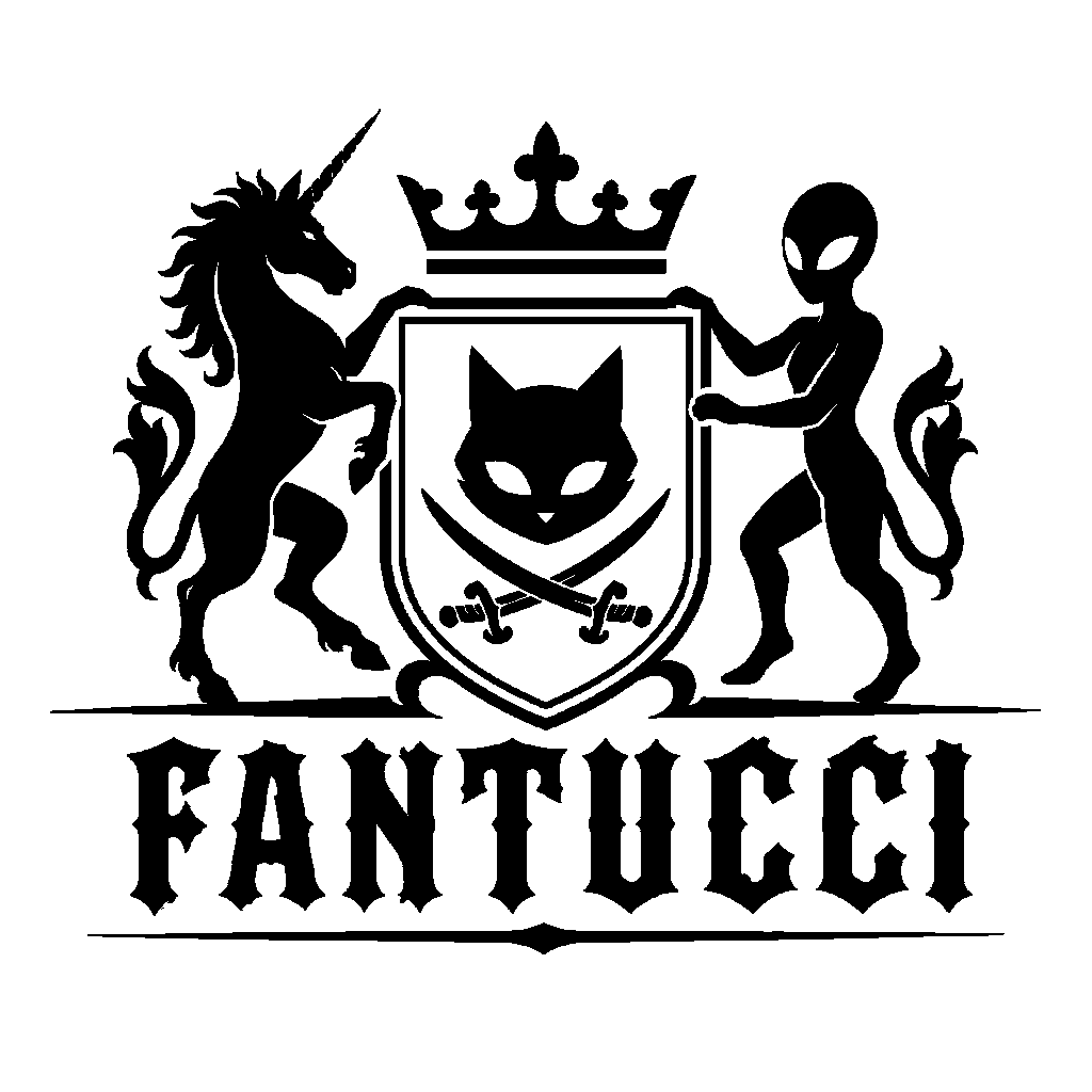 FANTUCCI heraldic black logo with cat face, crossed sabers, unicorn, alien, and gothic wordmark