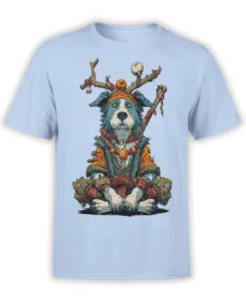 T-shirt in light blue featuring a detailed graphic of a mystic border collie dog dressed as a tribal shaman with antlers and a staff.