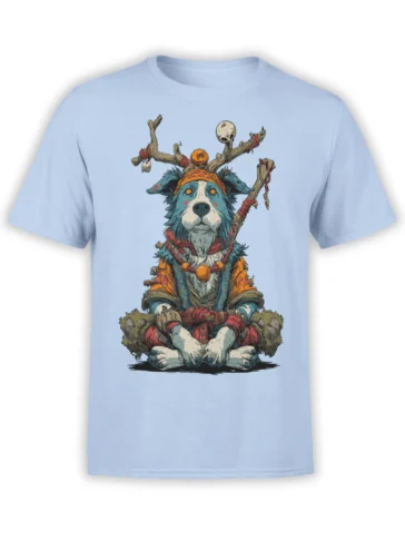 T-shirt in light blue featuring a detailed graphic of a mystic border collie dog dressed as a tribal shaman with antlers and a staff.