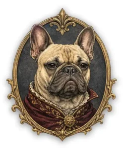 French Bulldog heraldic portrait badge in vintage FANTUCCI style with ornate frame and noble expression