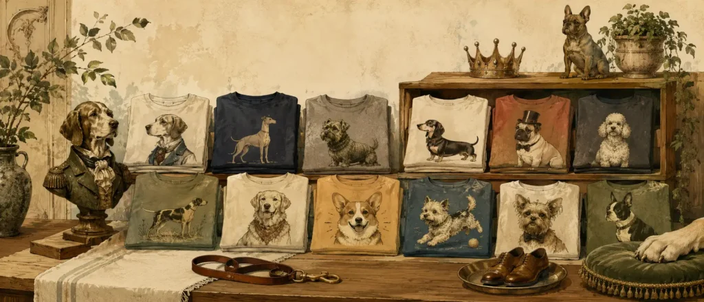 Vintage boutique display of folded funny dog shirts inspired by different dog personalities, with a leash, crown, and polished shoes.