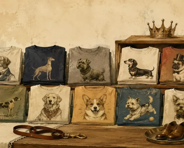 Vintage boutique display of folded funny dog shirts inspired by different dog personalities, with a leash, crown, and polished shoes.