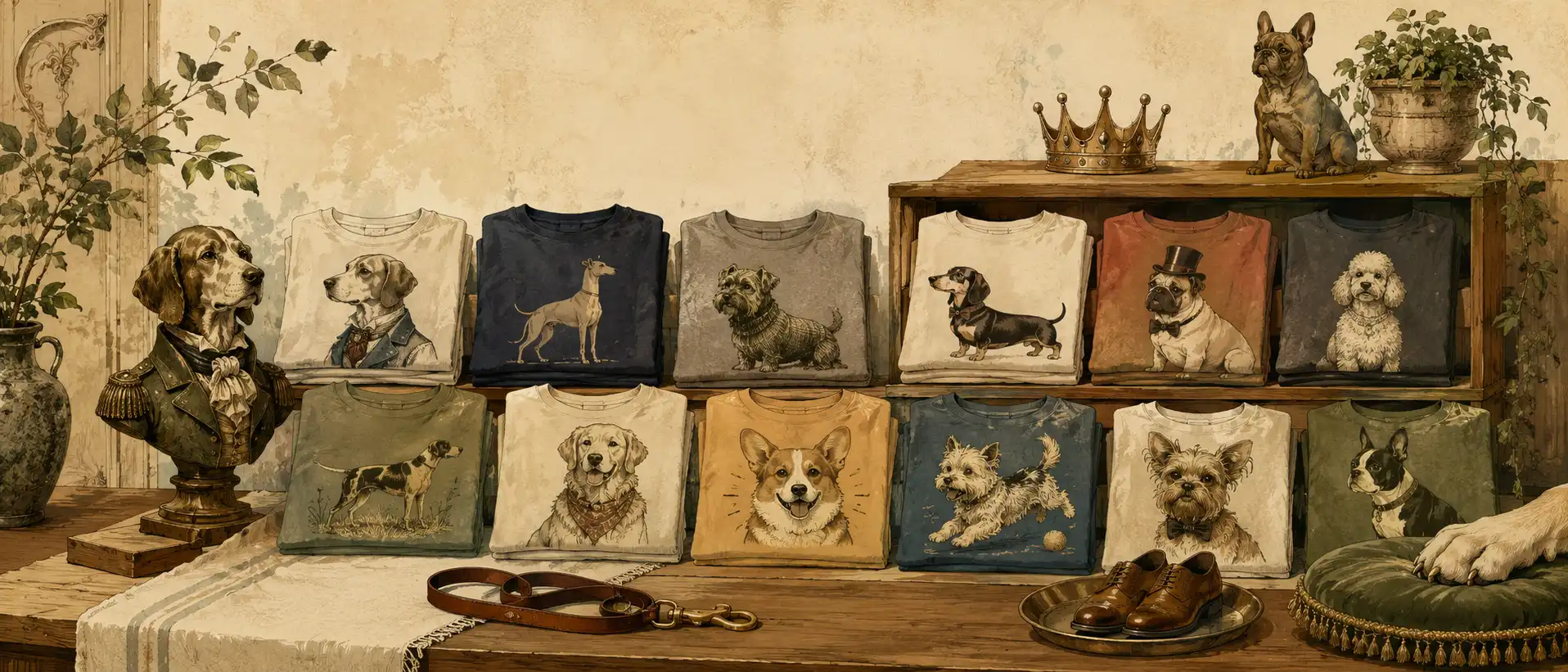 Vintage boutique display of folded funny dog shirts inspired by different dog personalities, with a leash, crown, and polished shoes.