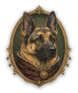 German Shepherd heraldic guardian dog badge with noble vigilant expression and ornate vintage frame