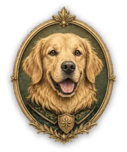 Golden Retriever vintage heraldic dog badge with warm loyal expression and ornate collectible frame