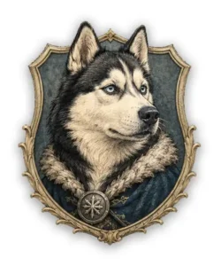 Husky northern heraldic dog portrait badge with blue eyes, noble pose, and ornate vintage frame