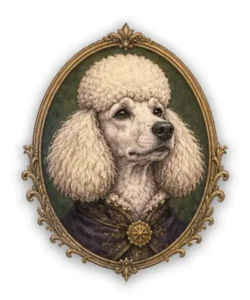 Poodle aristocratic heraldic dog portrait badge with elegant pose and ornate vintage frame
