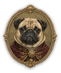 Pug vintage heraldic dog portrait medallion with comically serious expression and ornate frame