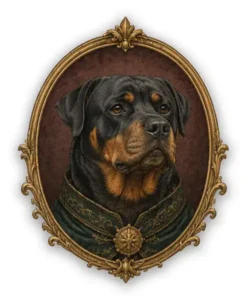 Rottweiler heraldic portrait badge in vintage FANTUCCI style with ornate frame and strong noble expression