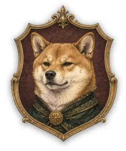 Shiba Inu foxlike heraldic dog medallion with sly confident expression and ornate vintage frame