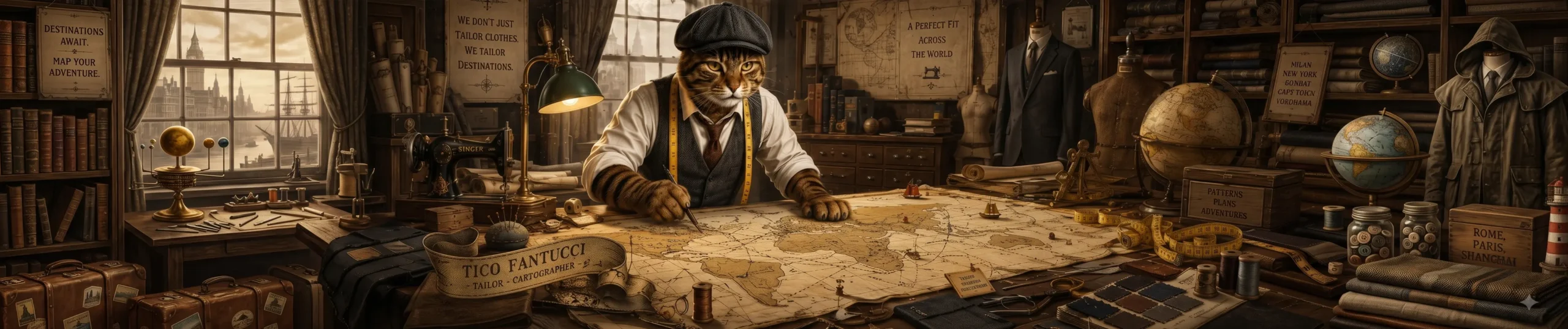 Tico Fantucci, an elegant feline tailor and cartographer, meticulously charting a vintage world map in a detailed classic workshop.