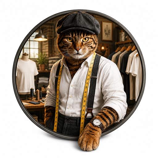 Tico Fantucci cat mascot in T-shirt atelier for FANTUCCI online store