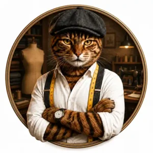 Tico Fantucci - FANTUCCI Cat Tailor Mascot Tico Fantucci, the FANTUCCI cat tailor mascot, in a vintage workshop portrait