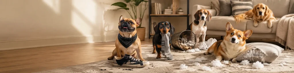 Mischievous dogs in a cozy living room with a chewed shoe, stolen sock, overturned basket, torn pillow, and scattered stuffing.