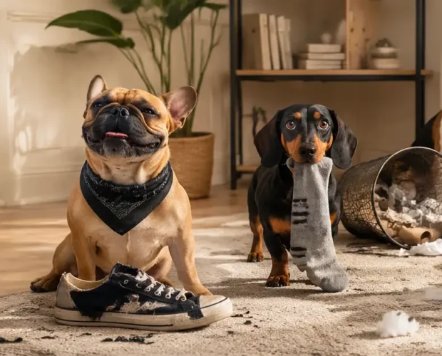 Mischievous dogs in a cozy living room with a chewed shoe, stolen sock, overturned basket, torn pillow, and scattered stuffing.