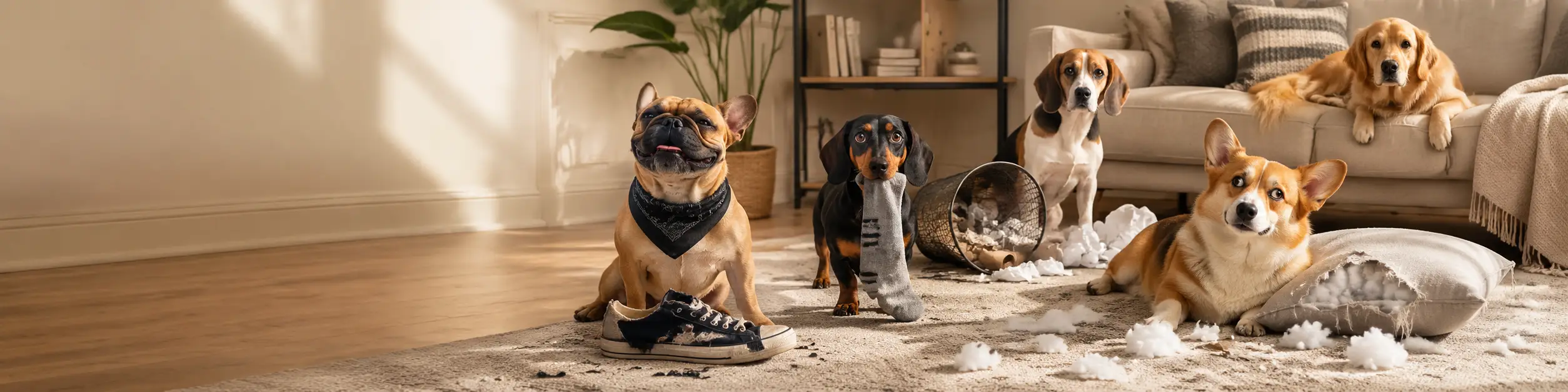 Mischievous dogs in a cozy living room with a chewed shoe, stolen sock, overturned basket, torn pillow, and scattered stuffing.