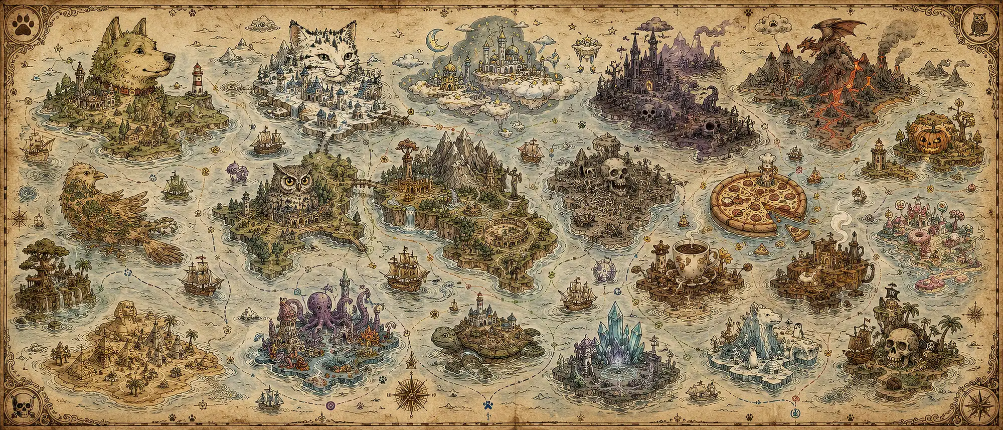 Vintage fantasy atlas map with whimsical themed islands, animal realms, haunted lands, dragon regions, pizza islands, coffee territories, ships, routes, and ornate parchment details.