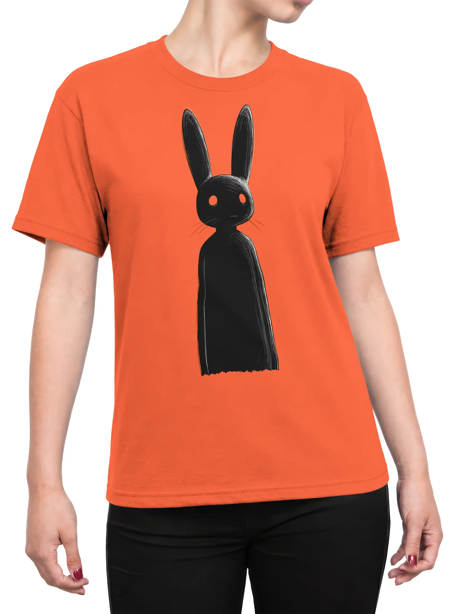 female model wearing orange shirt with tall black shadow bunny minimalist design