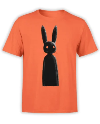 orange unisex t-shirt featuring a tall black shadow bunny with long ears and hollow eyes in a minimalist creepy-cute style
