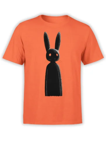 orange unisex t-shirt featuring a tall black shadow bunny with long ears and hollow eyes in a minimalist creepy-cute style