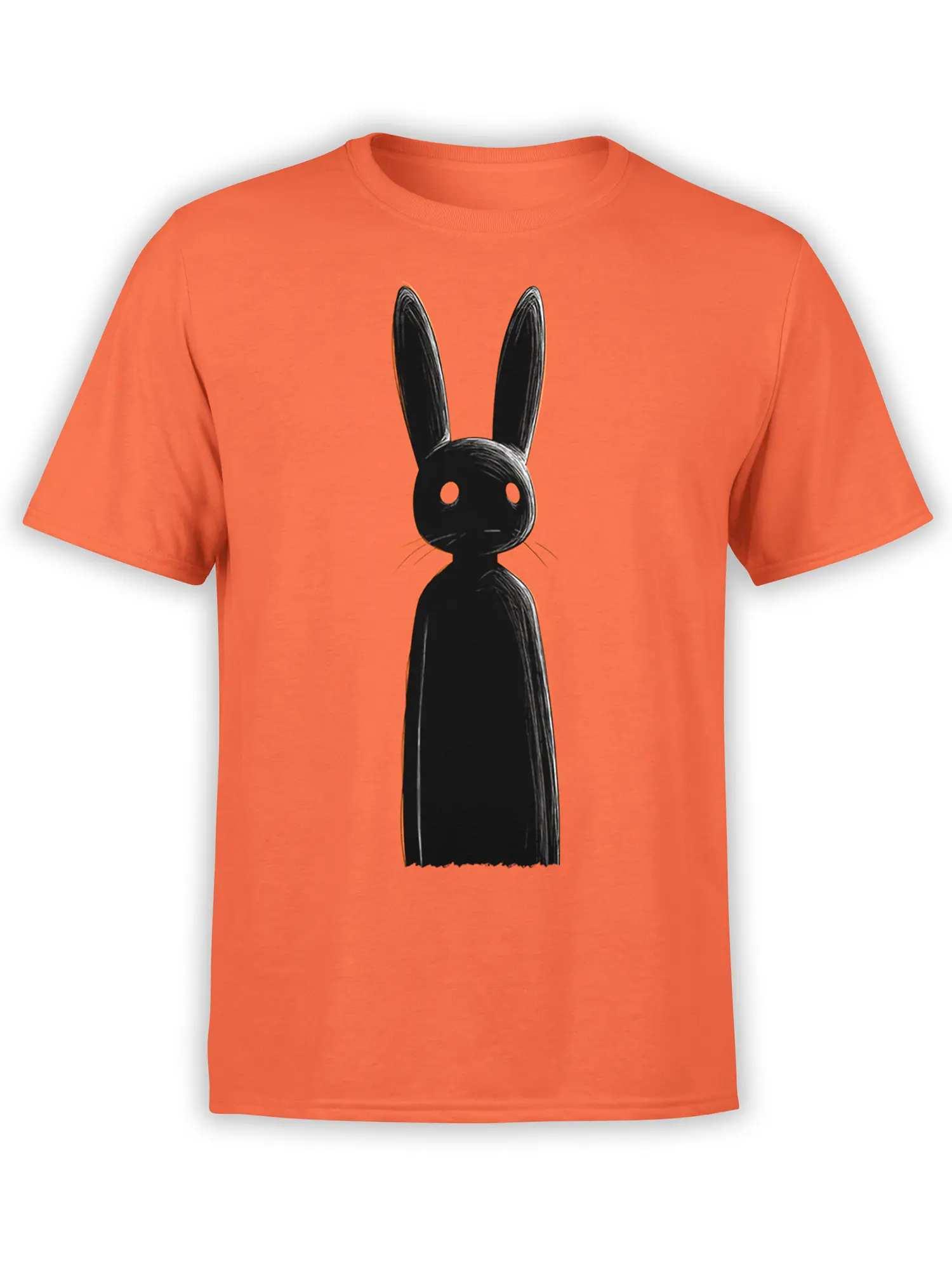 orange unisex t-shirt featuring a tall black shadow bunny with long ears and hollow eyes in a minimalist creepy-cute style