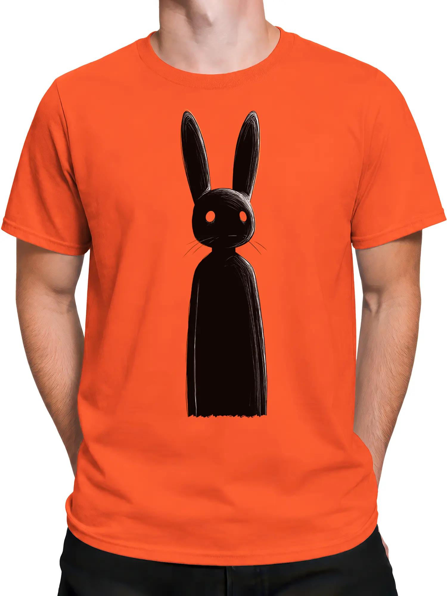 male model wearing orange t-shirt with tall black shadow bunny illustration