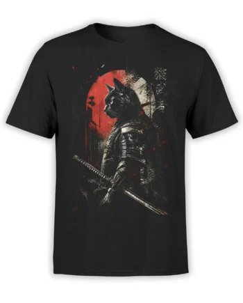 black unisex t-shirt featuring a gritty samurai black cat with katana in front of a distressed red sun background