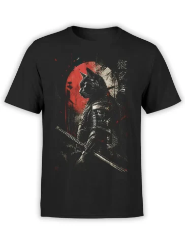 black unisex t-shirt featuring a gritty samurai black cat with katana in front of a distressed red sun background
