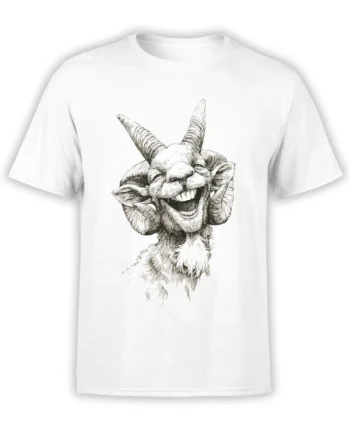 white unisex t-shirt featuring a detailed laughing goat sketch with big curved horns and a wide toothy grin on the chest
