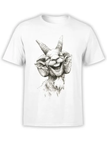 white unisex t-shirt featuring a detailed laughing goat sketch with big curved horns and a wide toothy grin on the chest