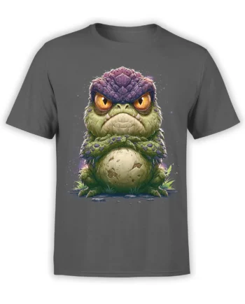 front view of gray unisex t-shirt with detailed angry fantasy frog illustration sitting with crossed arms and glowing golden eyes