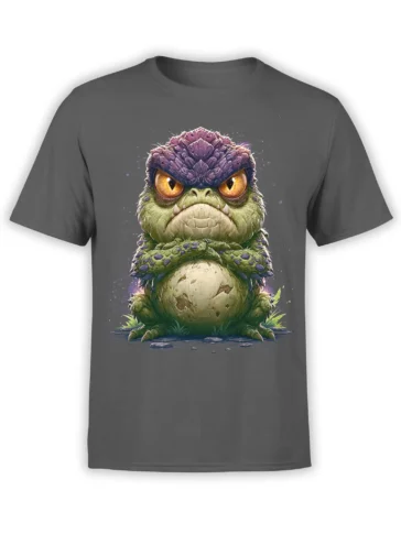 front view of gray unisex t-shirt with detailed angry fantasy frog illustration sitting with crossed arms and glowing golden eyes