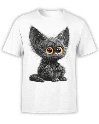 Front view of white unisex t-shirt featuring a fluffy black kitten with huge amber eyes sitting calmly in the center of the chest