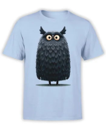 Light blue unisex t-shirt with a cute fluffy dark gray owl graphic, big round eyes and tiny feet, centered on the chest for a playful look.