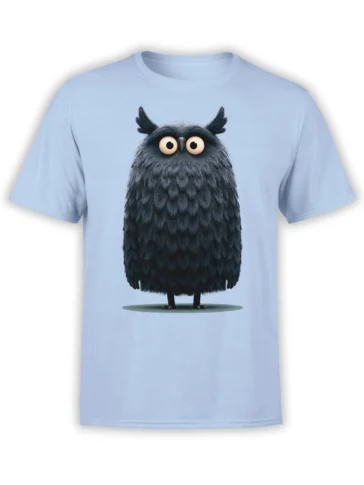 Light blue unisex t-shirt with a cute fluffy dark gray owl graphic, big round eyes and tiny feet, centered on the chest for a playful look.