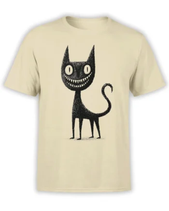 Beige unisex t-shirt featuring a sketchy black cat with big eyes and a sharp toothy grin, shown on the full front of the shirt.