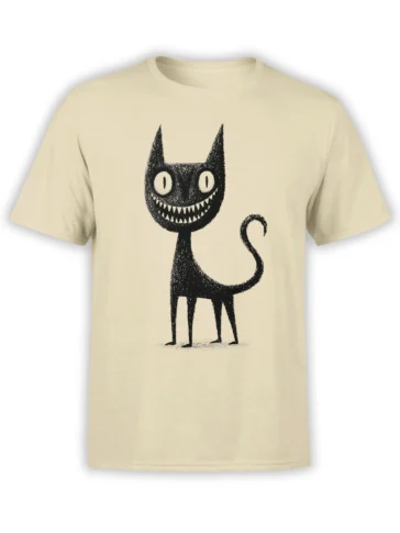 Beige unisex t-shirt featuring a sketchy black cat with big eyes and a sharp toothy grin, shown on the full front of the shirt.