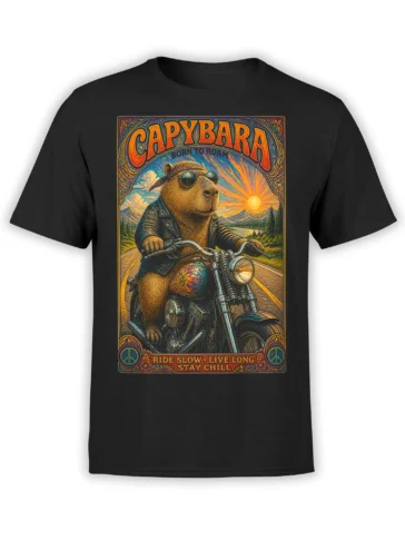 Black unisex t-shirt with a psychedelic biker capybara riding a motorcycle at sunset and the phrase Ride Slow Live Long Stay Chill