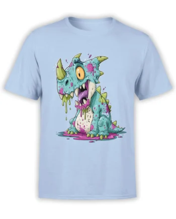 Light blue unisex t-shirt with a cartoon slime-covered baby dinosaur monster graphic dripping neon green and pink goo