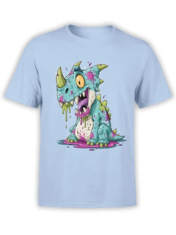 Light blue unisex t-shirt with a cartoon slime-covered baby dinosaur monster graphic dripping neon green and pink goo