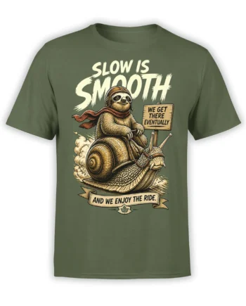 Green unisex t-shirt with vintage sloth riding a snail illustration and bold “Slow Is Smooth” motivational text across the chest