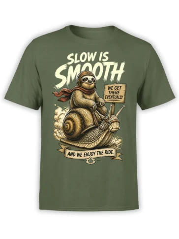 Green unisex t-shirt with vintage sloth riding a snail illustration and bold “Slow Is Smooth” motivational text across the chest