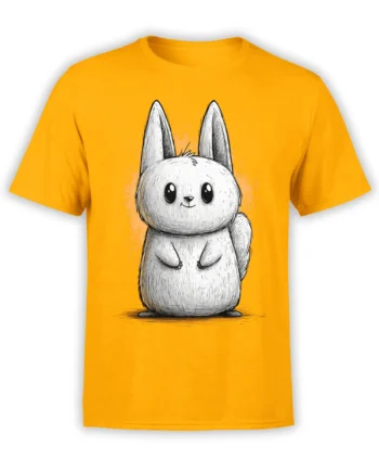 yellow unisex t-shirt with a hand-drawn fluffy bunny illustration centered on the chest