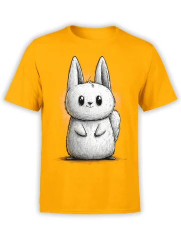 yellow unisex t-shirt with a hand-drawn fluffy bunny illustration centered on the chest