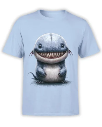Light blue unisex t-shirt featuring a chubby shark monster with a stitched head and huge toothy grin in detailed fantasy style